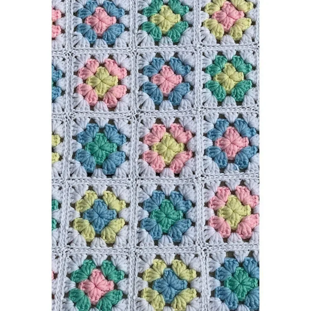 Vintage Crochet Granny Square Afghan Nursery Blanket Throw 35 x 40 Multicolor